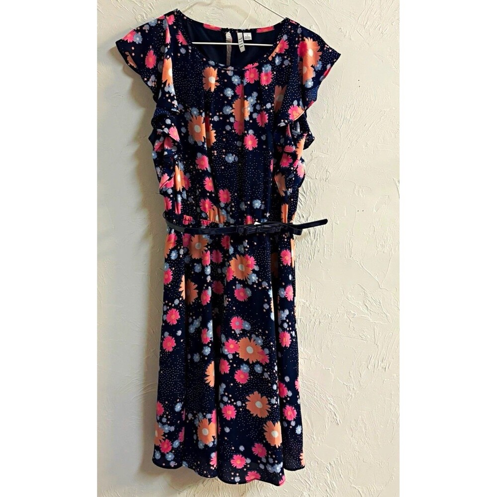 ELLE Blue Floral Fit & Flare Round Neck Belted Knee Dress Women’s 4